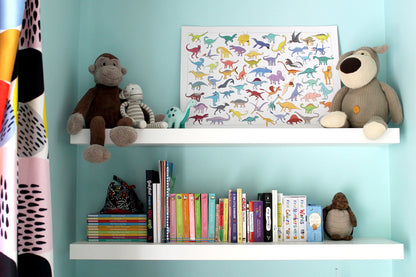 child's bedroom with the  A2 Dinosaur Poster on a shelf
