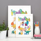 A3 and A4 dinosaur number poster prints in white frames