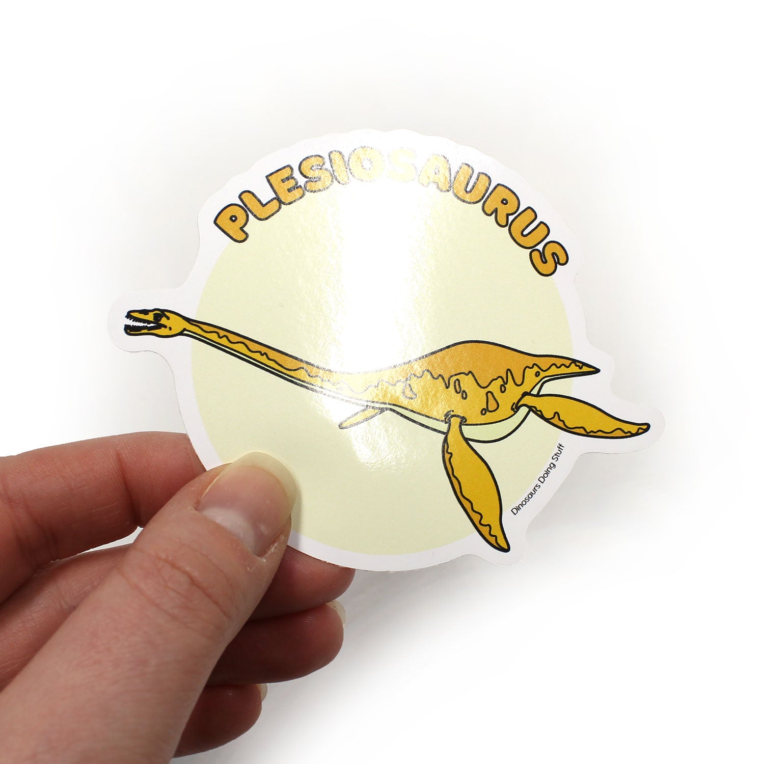 plesiosaur sticker held by a hand