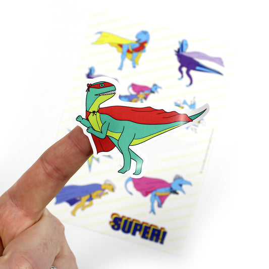 dinosaur superhero sticker sheet close up 