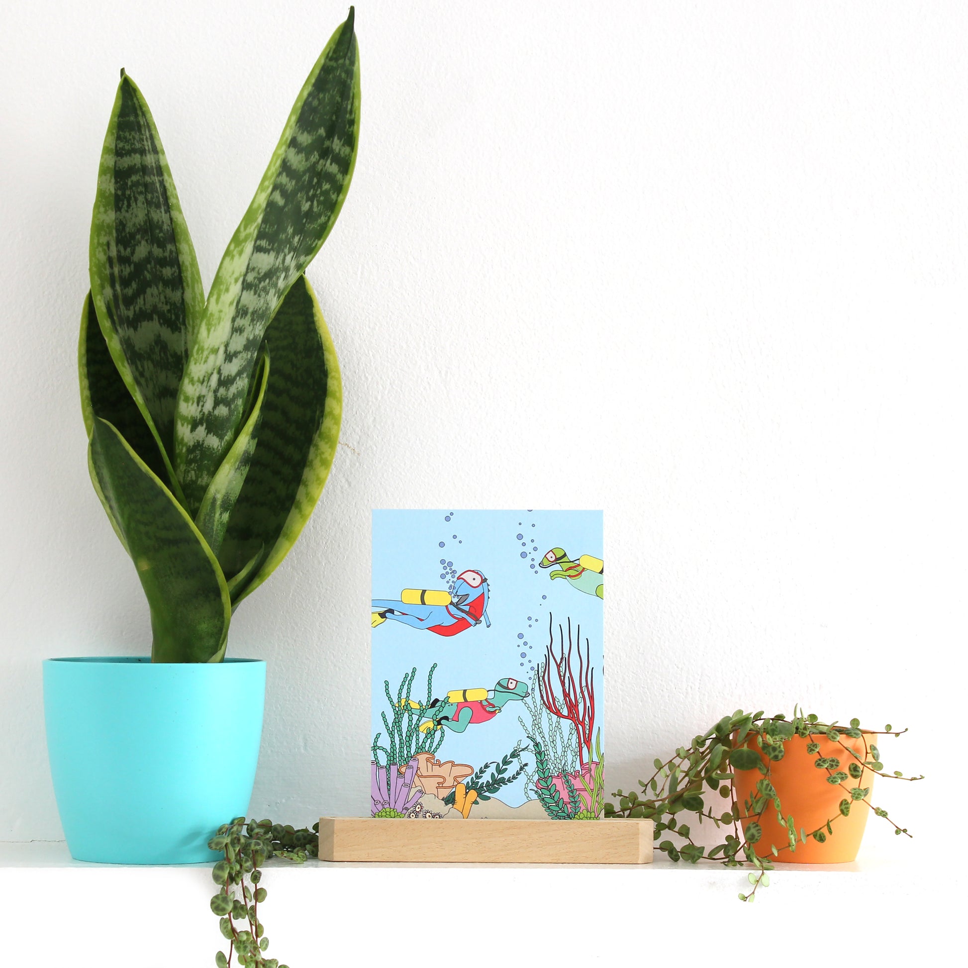 under the sea dinosaur postcard in a wooden stand with plants