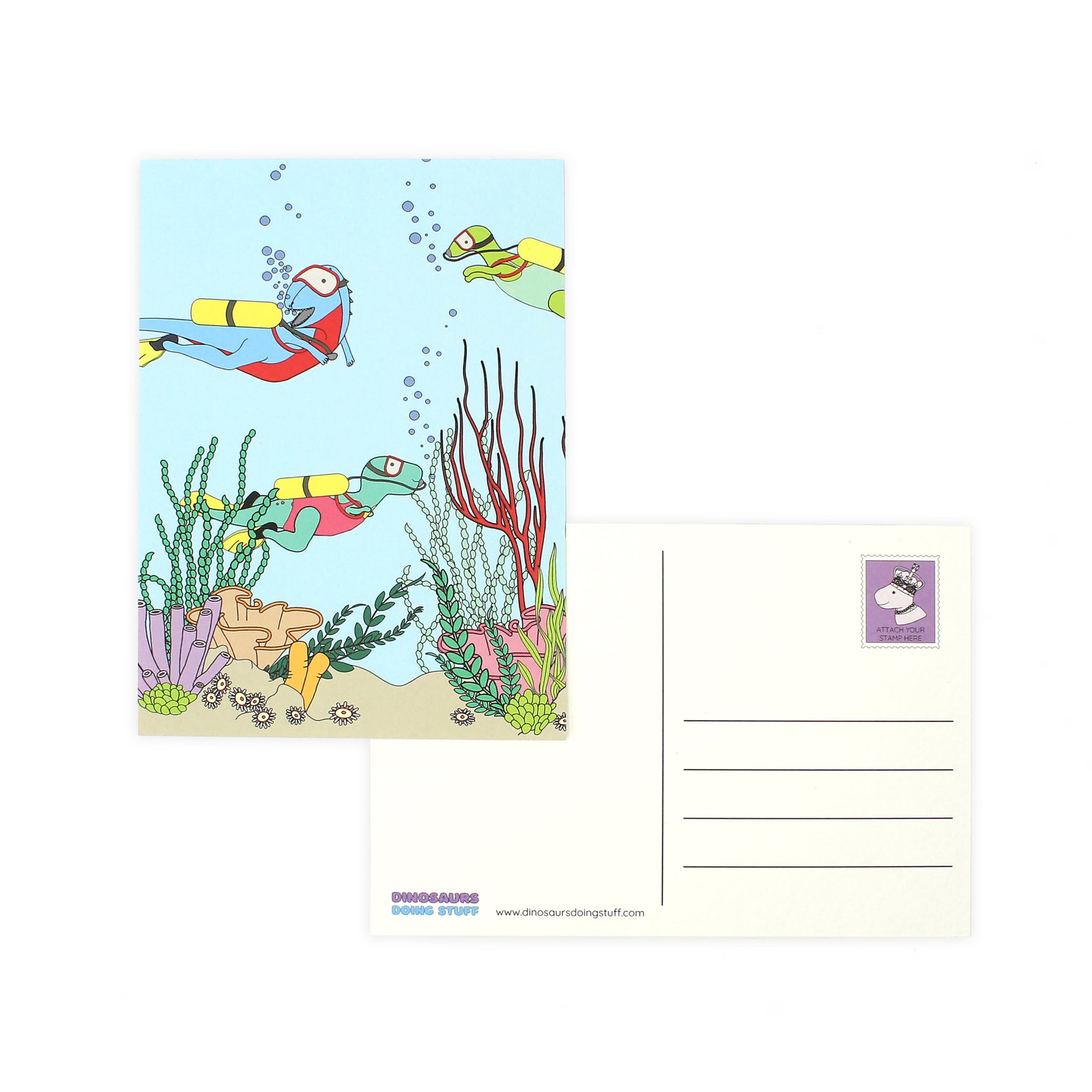 front and back of the under the sea postcard on a white background
