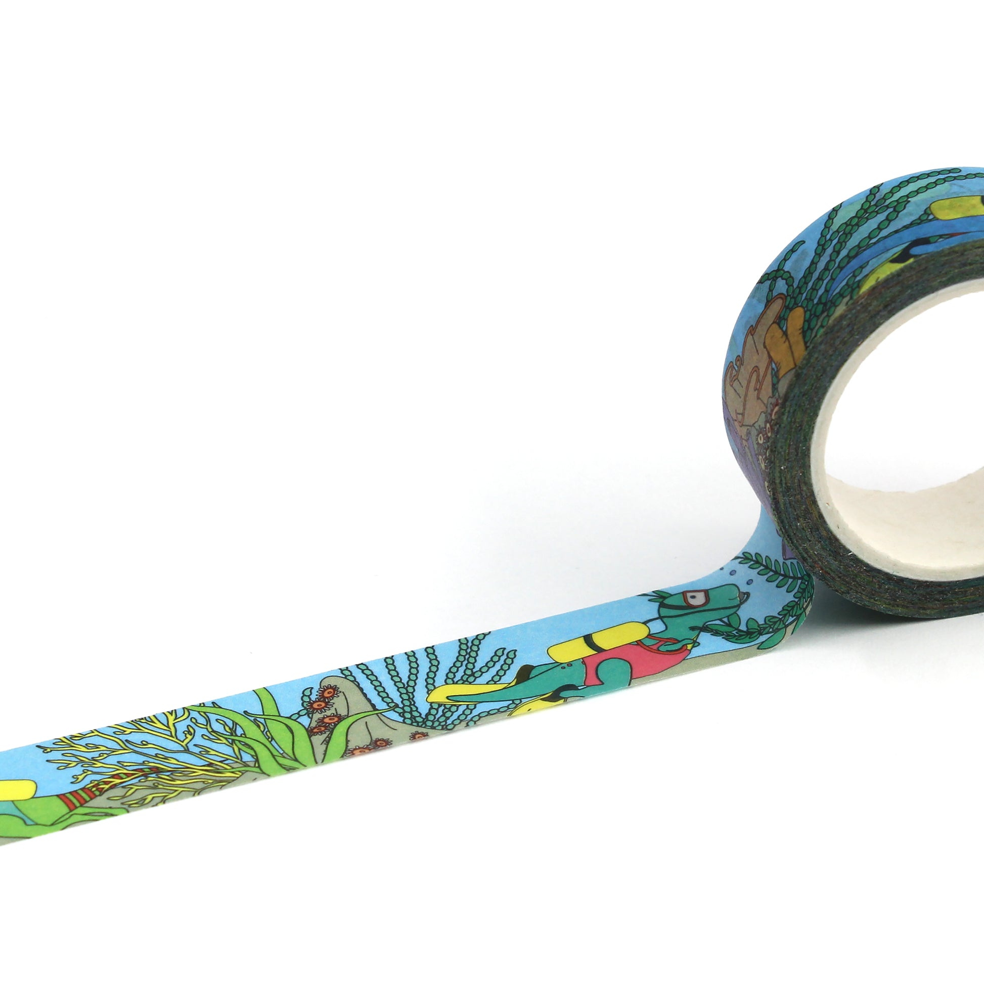 A roll of of under the sea dinosaur washi tape rolled out