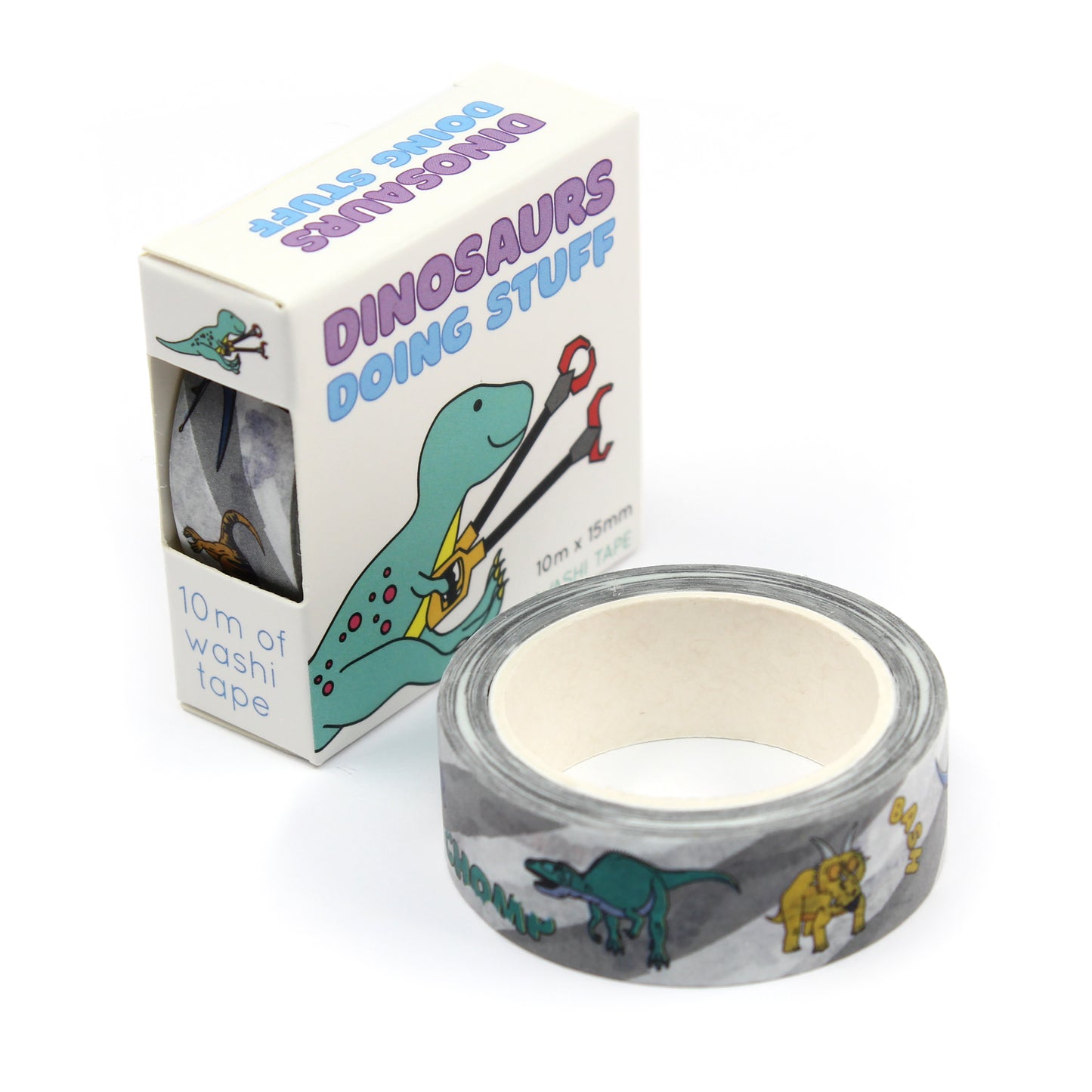 A roll of dinosaur words washi tape with a box of tape behind it