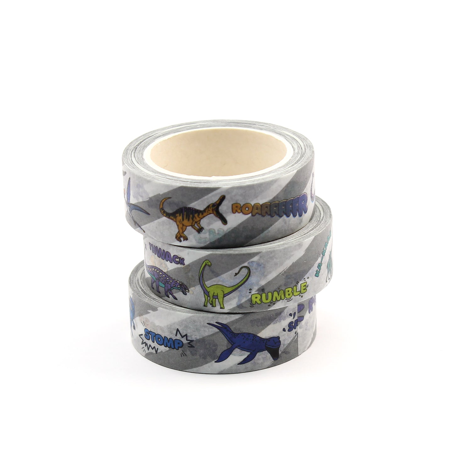 A stack of 3 rolls of dinosaur words washi tape