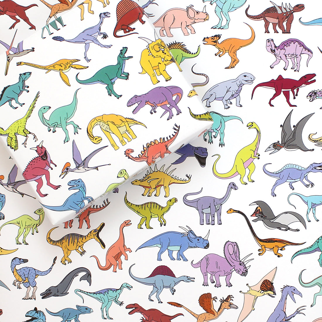 a sheet of scattered dinosaur wrapping paper with a box on top that is also wrapped in the same paper