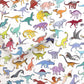 a sheet of scattered dinosaur wrapping paper with a box on top that is also wrapped in the same paper