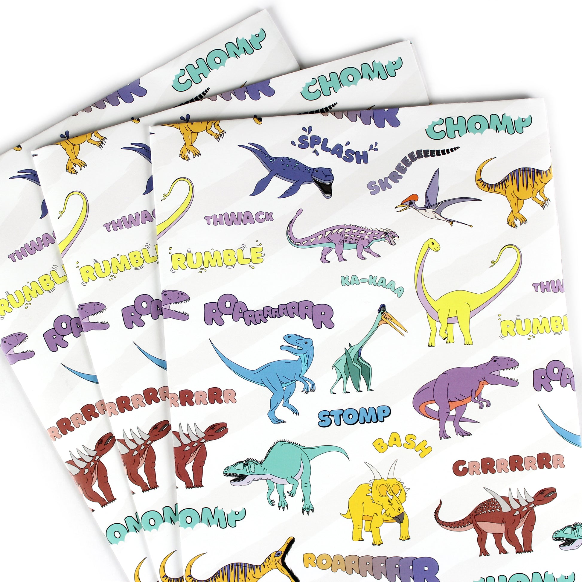 3 sheets of  dinosaur words wrapping paper fanned out