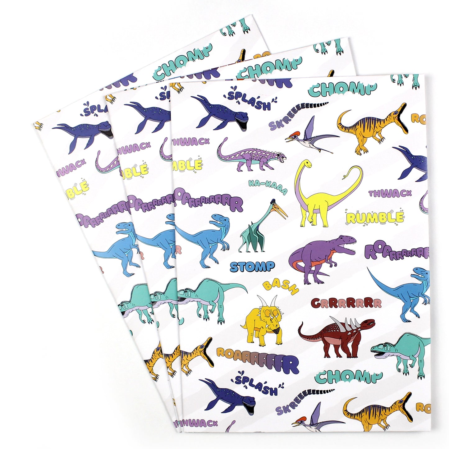 3 sheets of dinosaur words wrapping paper fanned out