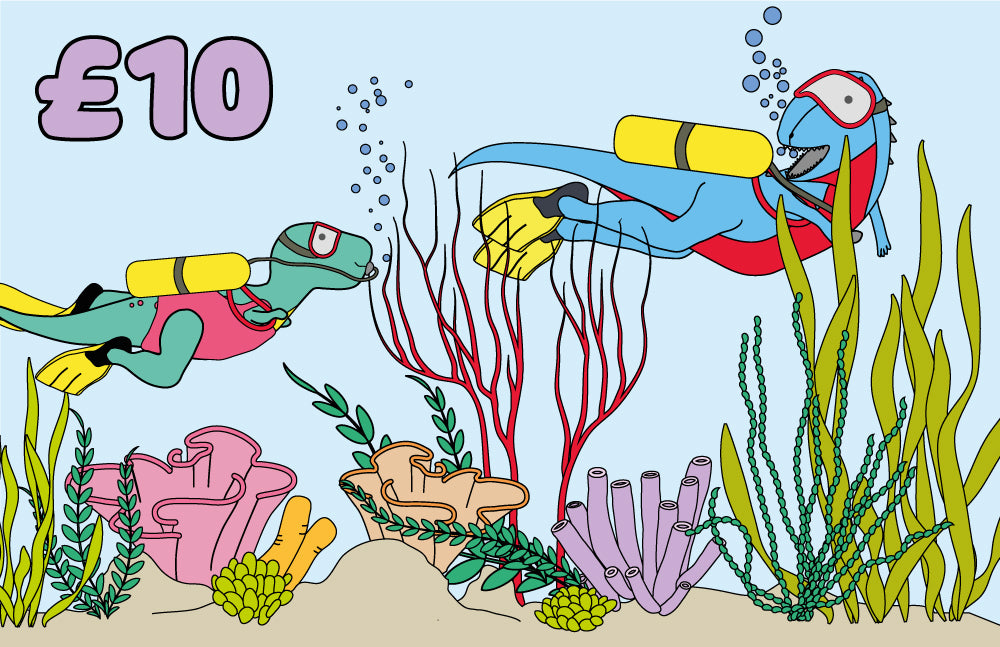 Illustration of two dinosaurs scuba diving in a coral reef with '£10' written in the corner