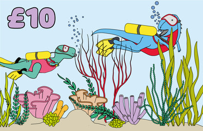 Illustration of two dinosaurs scuba diving in a coral reef with '£10' written in the corner