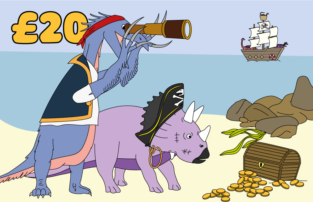 Illustration of two dinosaurs in pirate clothes on a beach with '£20' written in the corner