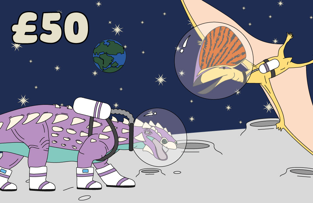 illustration of a dinosaur and a pterosaur in space helmets and boots on the moon with '£50' written in the corner