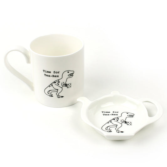 Time for Tea-Rex Mug and Teabag Tidy set on a white background